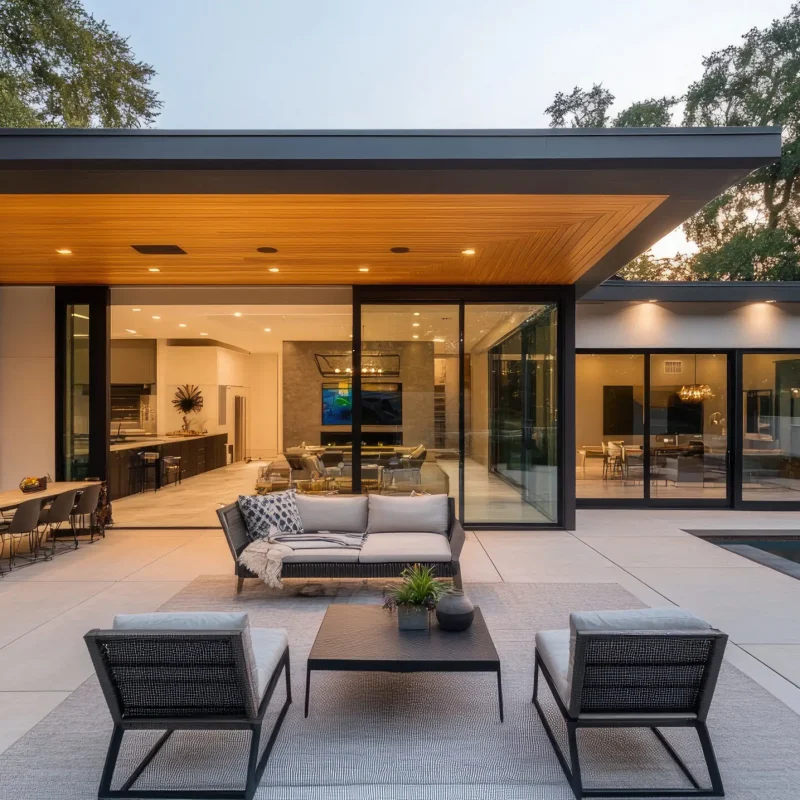 Aluminum sliding door leading to a patio, with large glass panes and a clean, minimalist design, surrounded by a modern outdoor setting --chaos