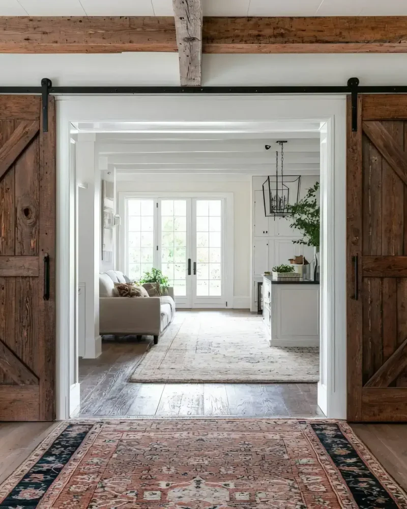 a farmhouse entryway with white walls and dark wood beams and sliding doors