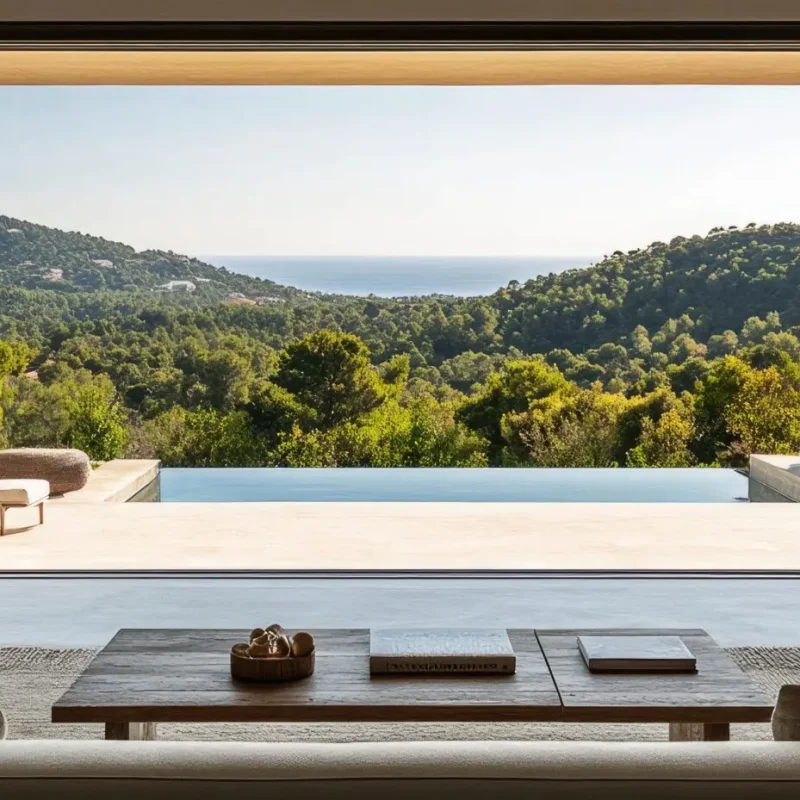 The view from the living room of an elegant modern villa in Ibiza, looking out to a spacious terrace with a pool and outdoor seating area surrounded by lush greenery overlooking the valley and mountains. Large sliding doors open on three sides, allowing natural light to pour through the windows and create a warm atmosphere, capturing the luxurious and serene ambiance of the Mediterranean landscapes. --ar 83:30 --v 6.1 Job ID: ad2faeb8-077e-4ae4-8243-a8d883c5d32c