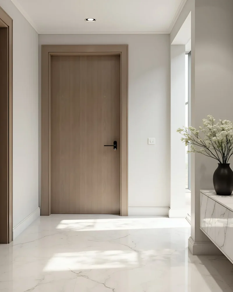 Minimalist, classic interior design of modern home entryway with door. Hall featuring a marble console table, clean lines, neutral tones, and sleek modern decor.
