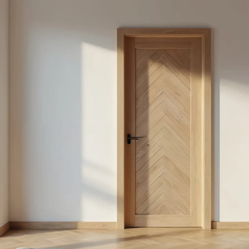 Wooden door, Scandinavian interior design. Minimalist entrance room style. Light, shadow, wood texture geometric pattern. Modern flat apartment design. Interior design background.