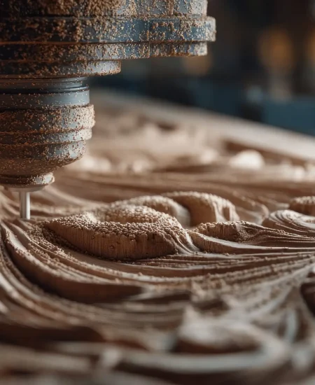 A detailed shot of a CNC machine precisely carving an elaborate design into a wooden surface. It highlights the integration of modern technology in traditional craftsmanship, demonstrating automated precision and artistic expression.