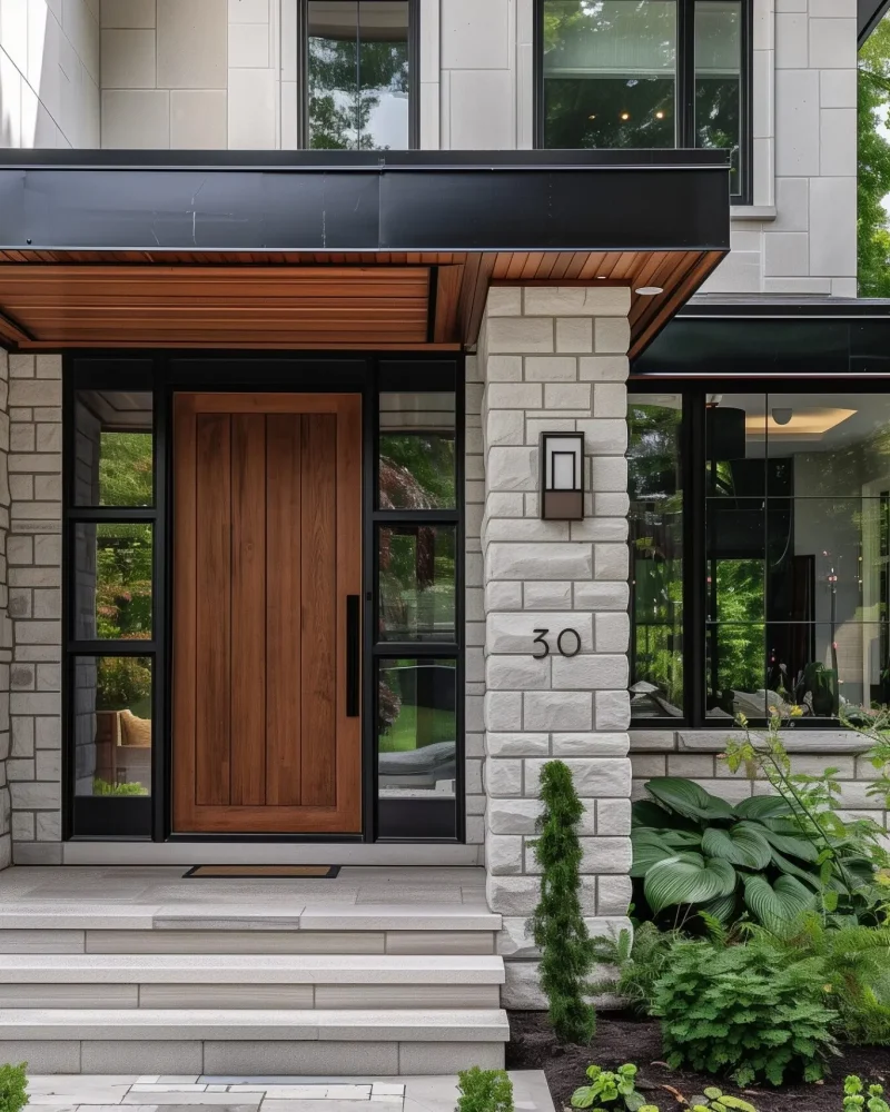 Ultra-realistic, bright, and scenic view of the front entrance to an upscale modern home neighborhood, featuring stone walls with black steel accents, a wooden door, large windows, greenery, wood tones, concrete flooring, gray bricks, and sleek lines. The design includes a flat-roofed porch flanked by two glass doors leading into an open space that leads directly onto a garden area