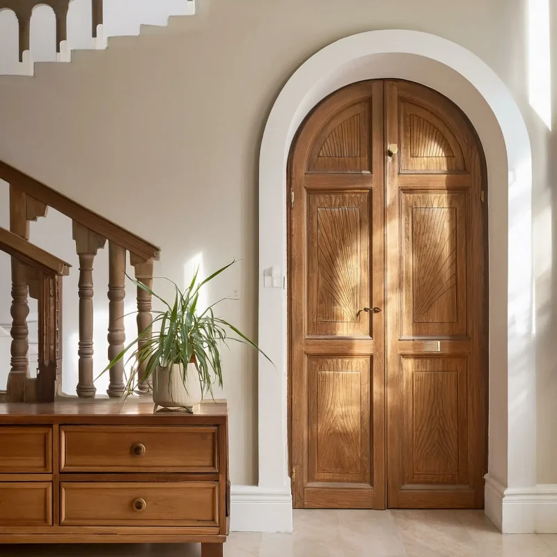 Wooden cabinet near venetian stucco wall with arched doorway Mediterranean interior design of modern entrance hall with staircase.