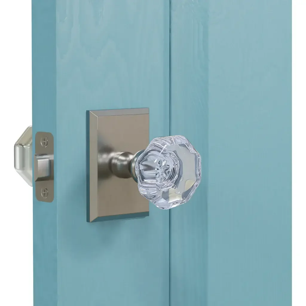 K4R2 (K4 Crystal Knob with Rectangle R2 Rosette) - Door Attached - Satin Stainless