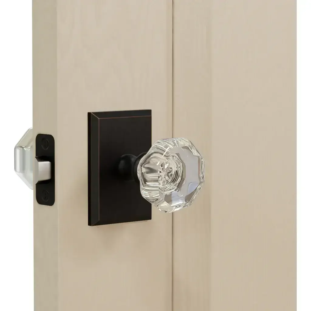 K4R2 (K4 Crystal Knob with Rectangle R2 Rosette) - Door Attached - Tuscan Bronze